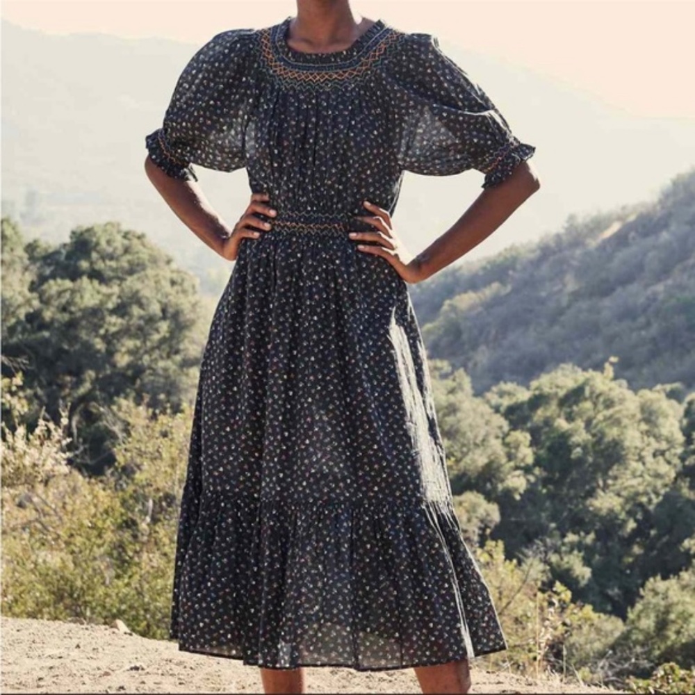 Doen Dress Isidore Cotton Floral Tie-Waist Tiered Midi Black Parc Monceau L EUC